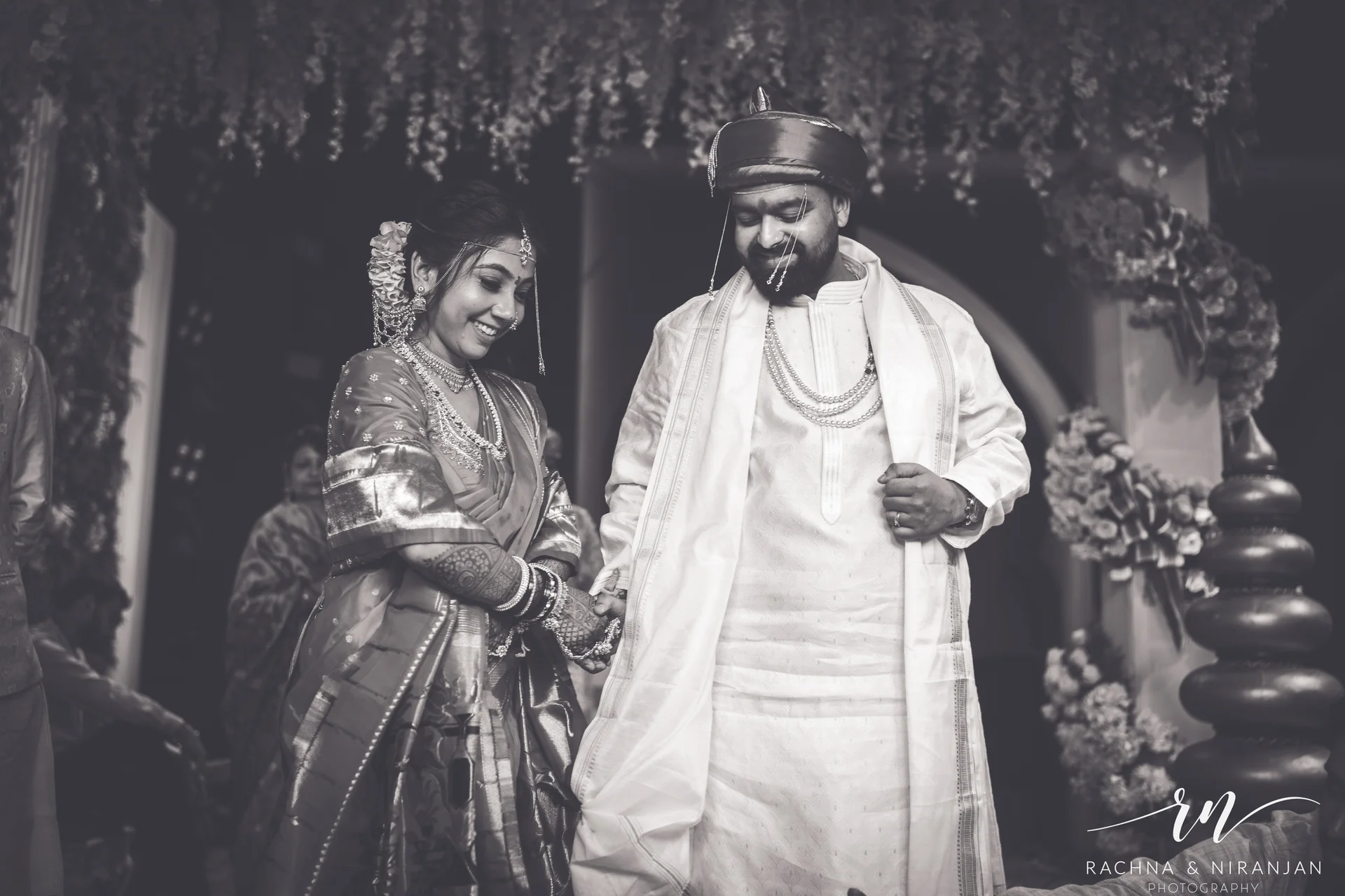 Timeless black and white image showing the grace and elegance of Gujarati bride Sneha on her wedding day in Pune