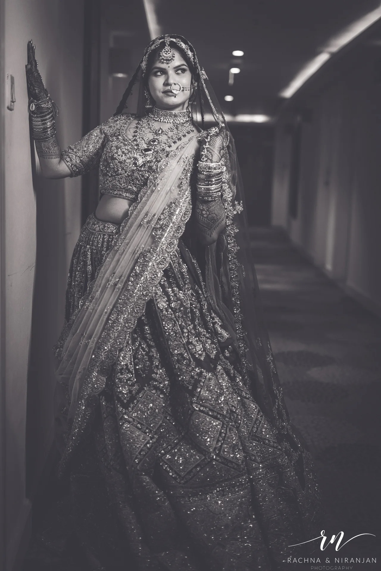 Timeless black and white bridal portrait of Pratiksha before her Bihari wedding ceremony – captured at Amanora The Fern by candid wedding photographers in Pune