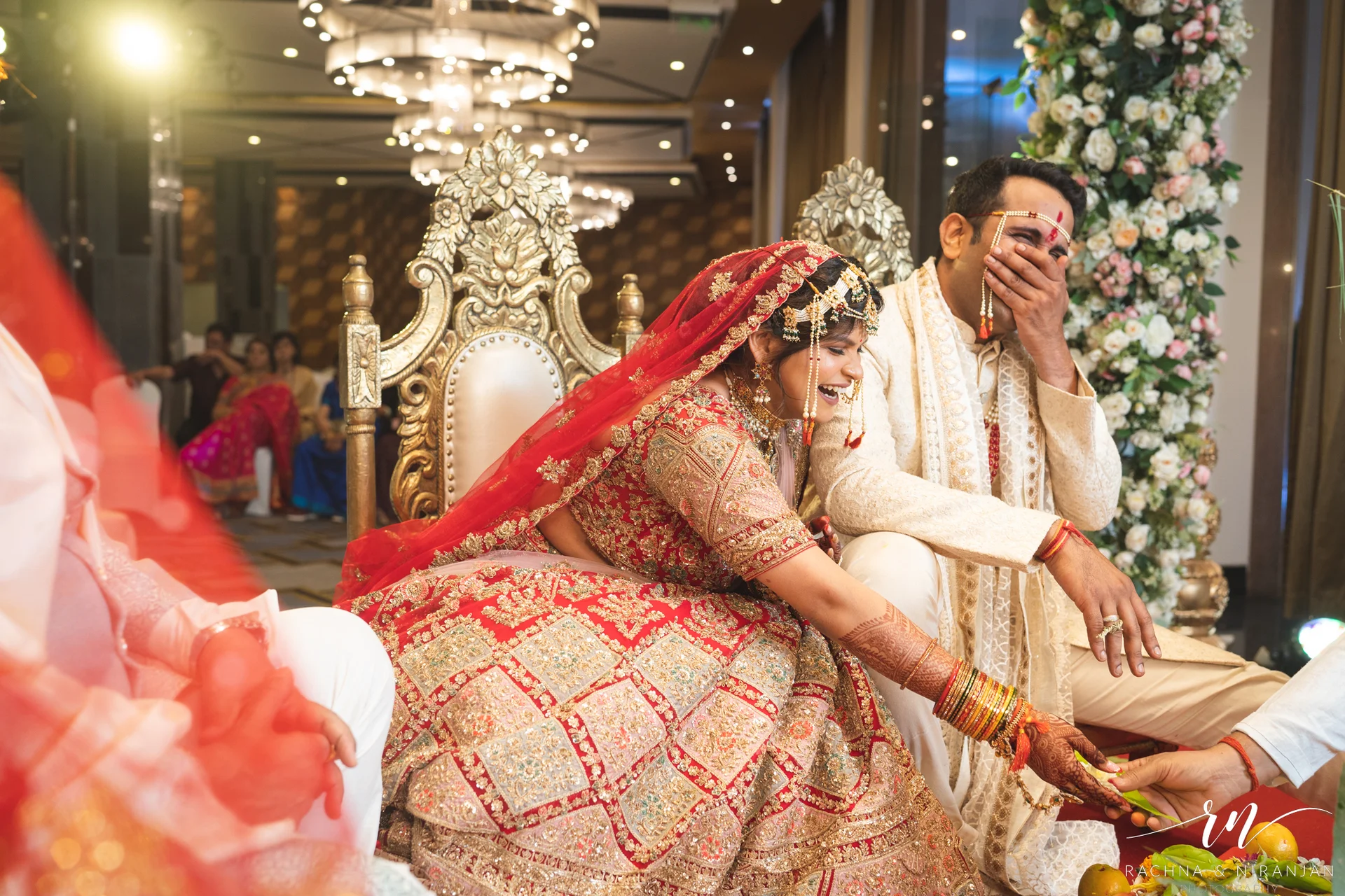 Real wedding emotions captured as Pratiksha & Rohit share a quiet smile during their traditional rituals.