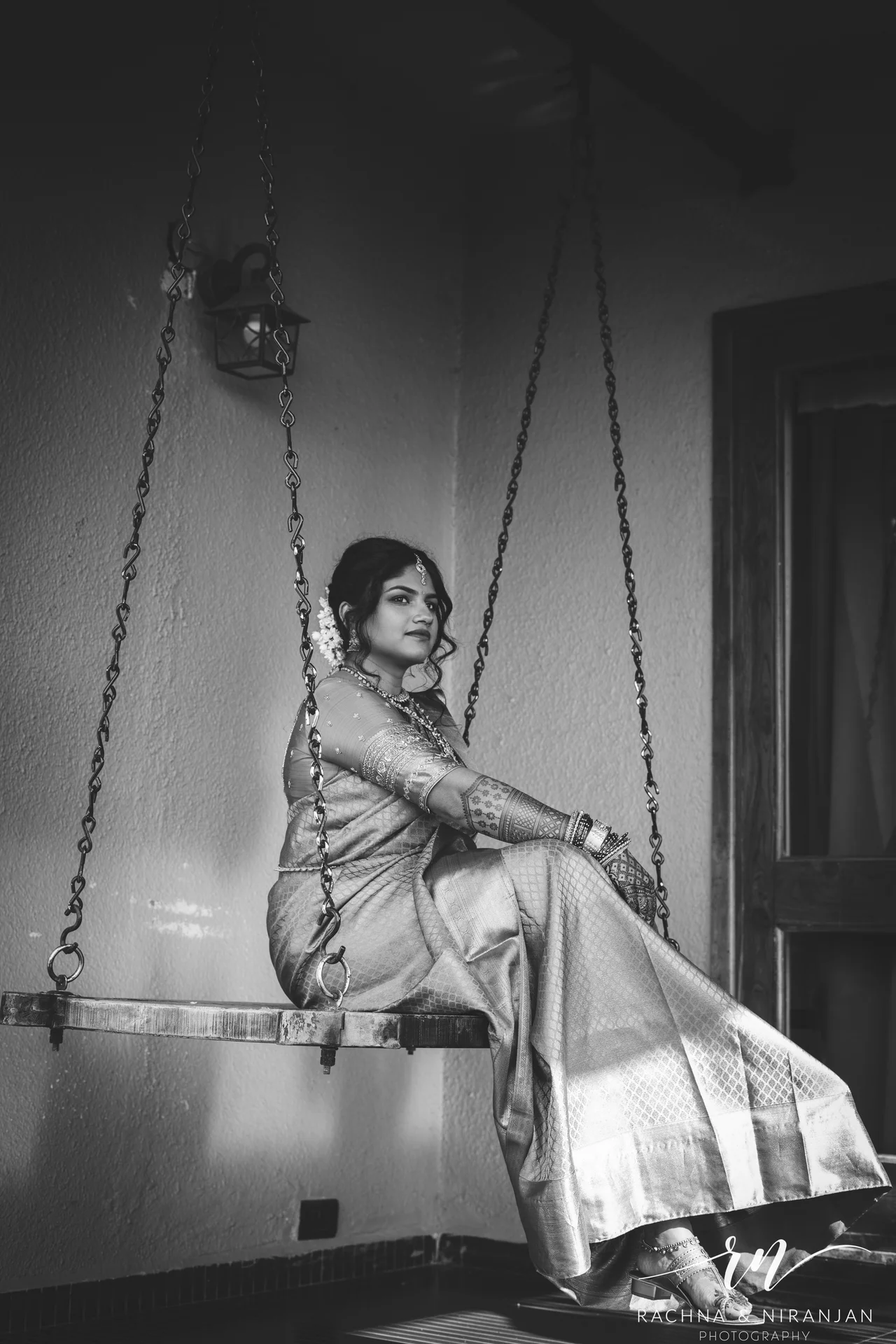 Black and White Portrait of Bride Sunanda in Traditional Konkani Saree at Malhar Machi Mountain Resort