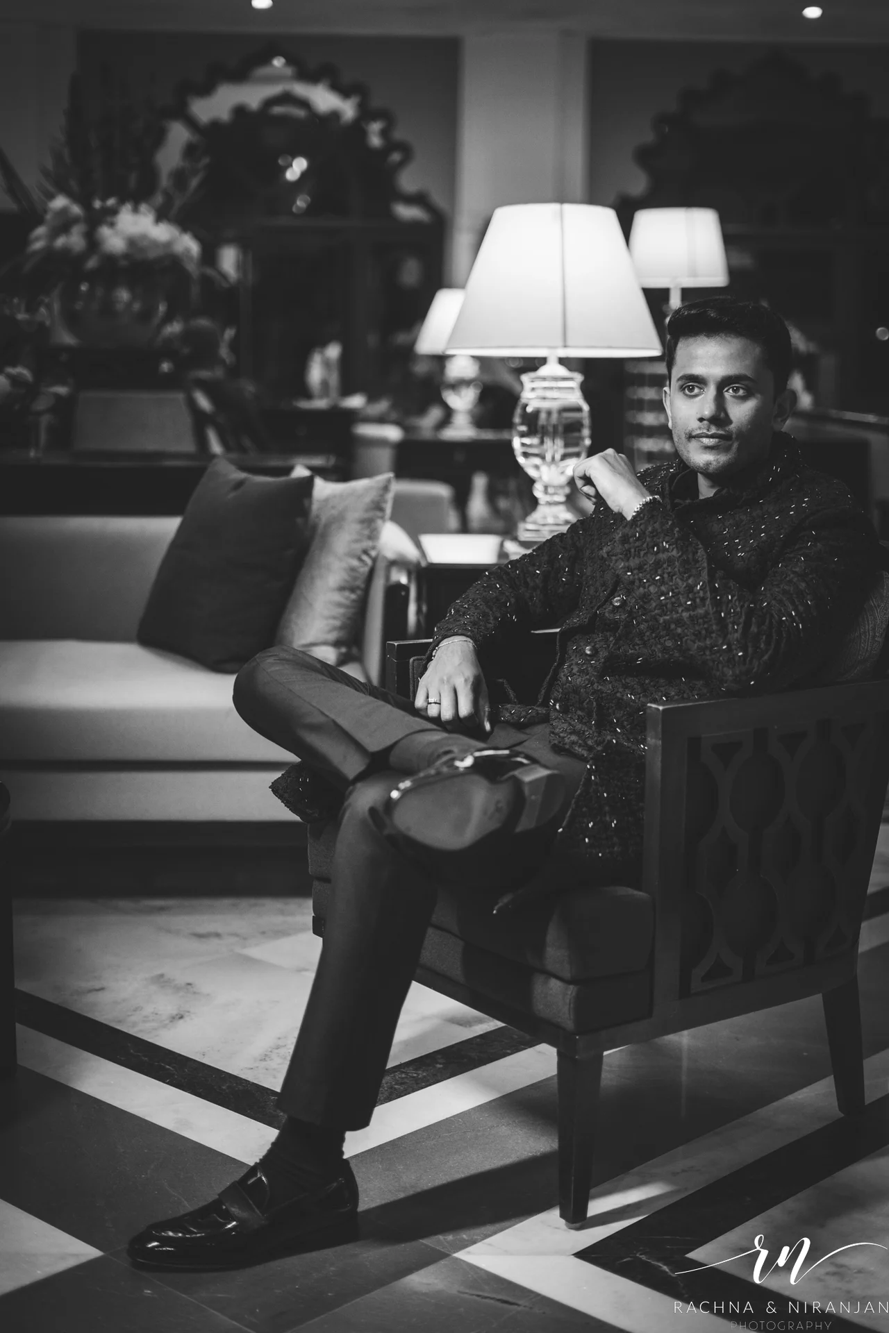 Black and White Shot of Groom Abhi During the Wedding Ceremony at Taj Gateway, Nashik