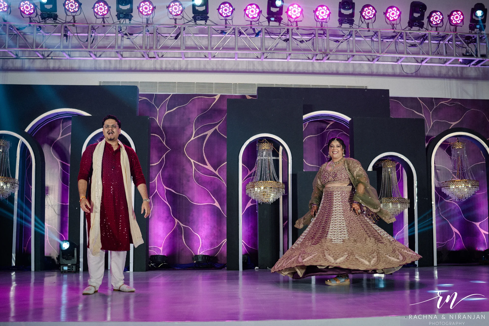 Sangeet Stage Decor with Lights and Flowers at Taj Fisherman’s Cove Chennai | Wedding Photography