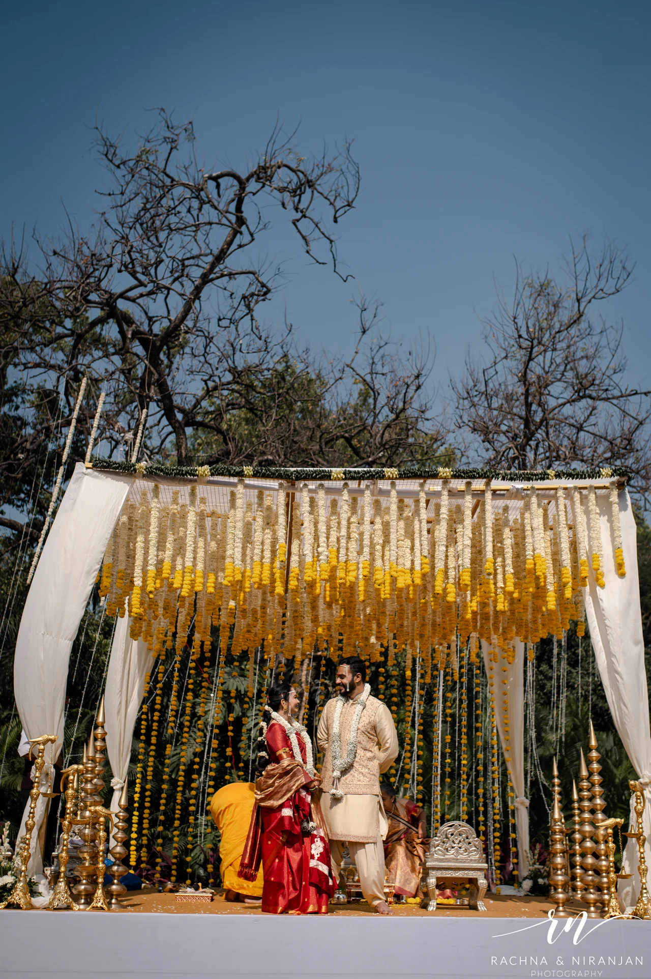 Marathi bride and groom during wedding ceremony at Turf Club Pune