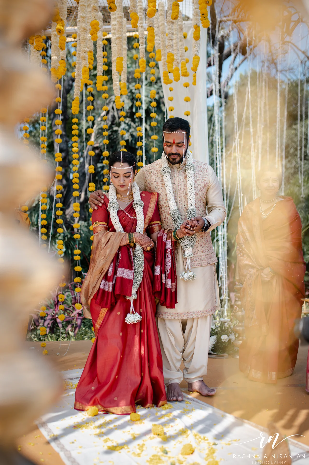 Traditional Marathi wedding couple portrait at Turf Club Pune