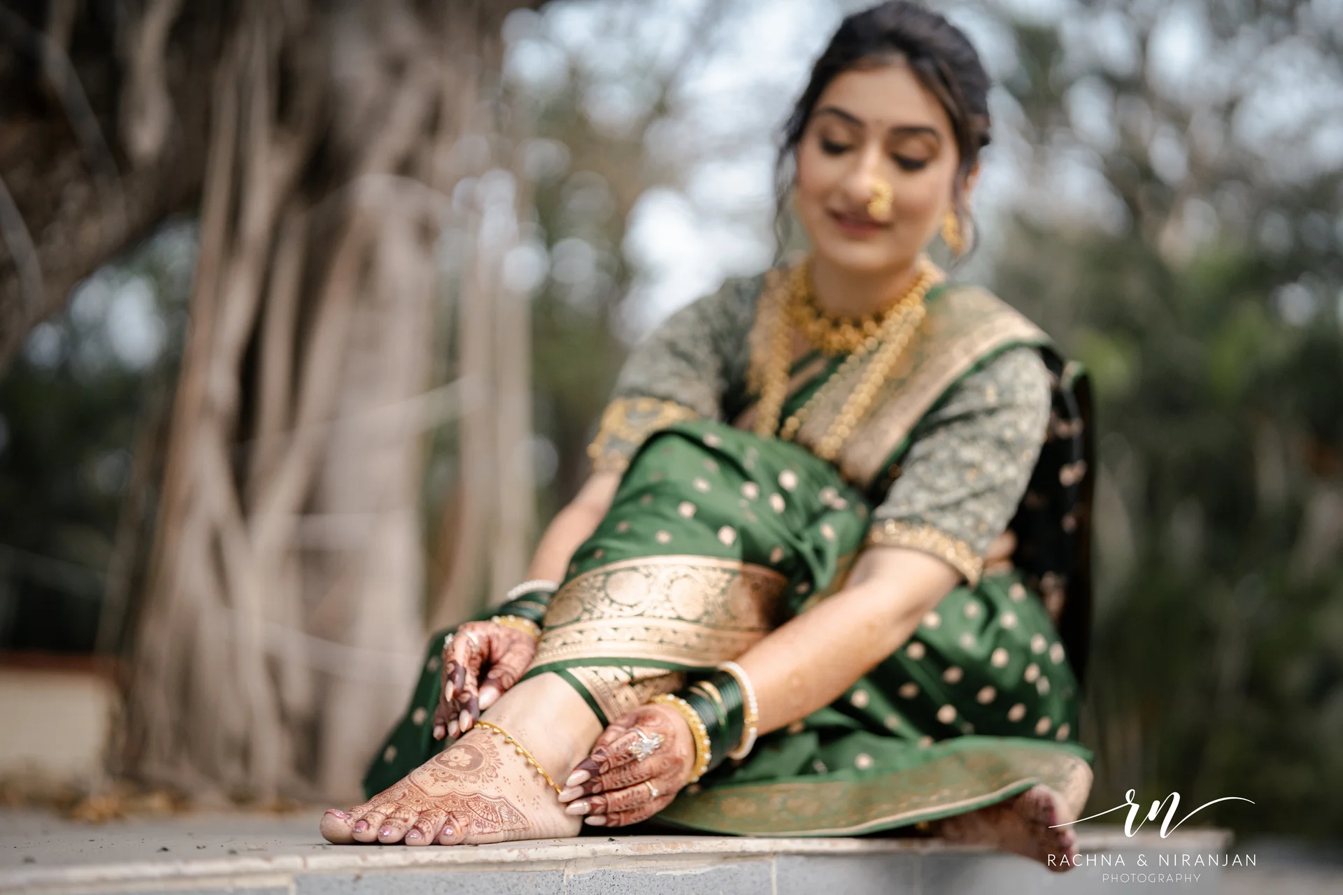 Maharashtrian bride Gargi portrait in traditional nauvari saree