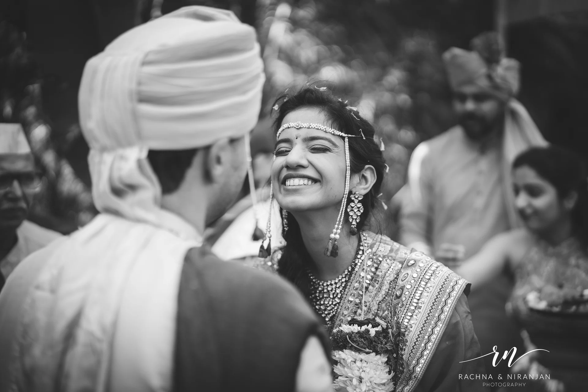 Black and white wedding couple portrait
