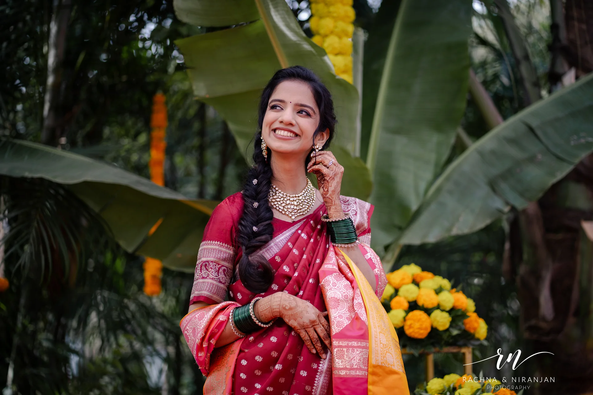 Bride smiling during wedding ceremony