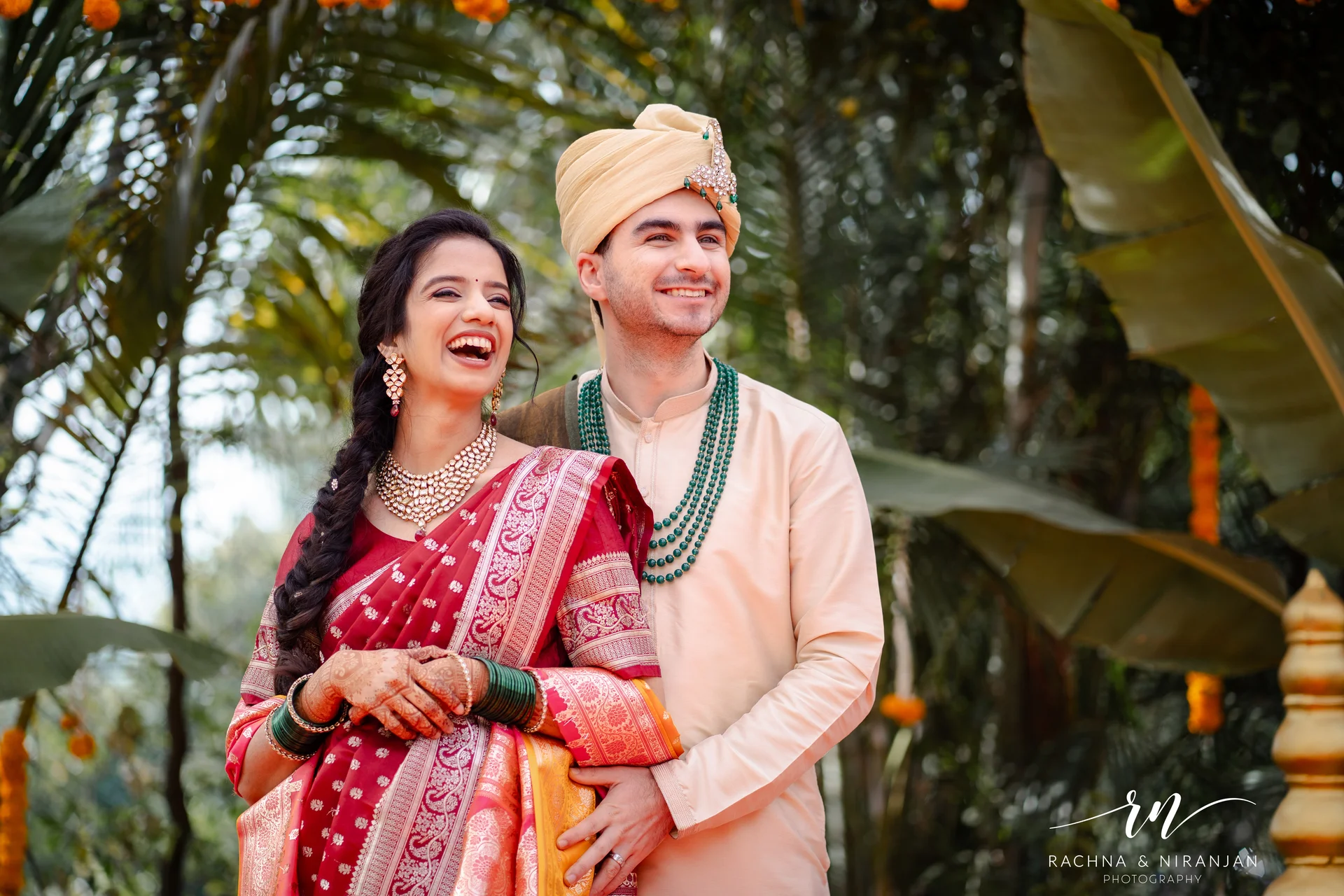 Happy couple portrait at farmhouse wedding