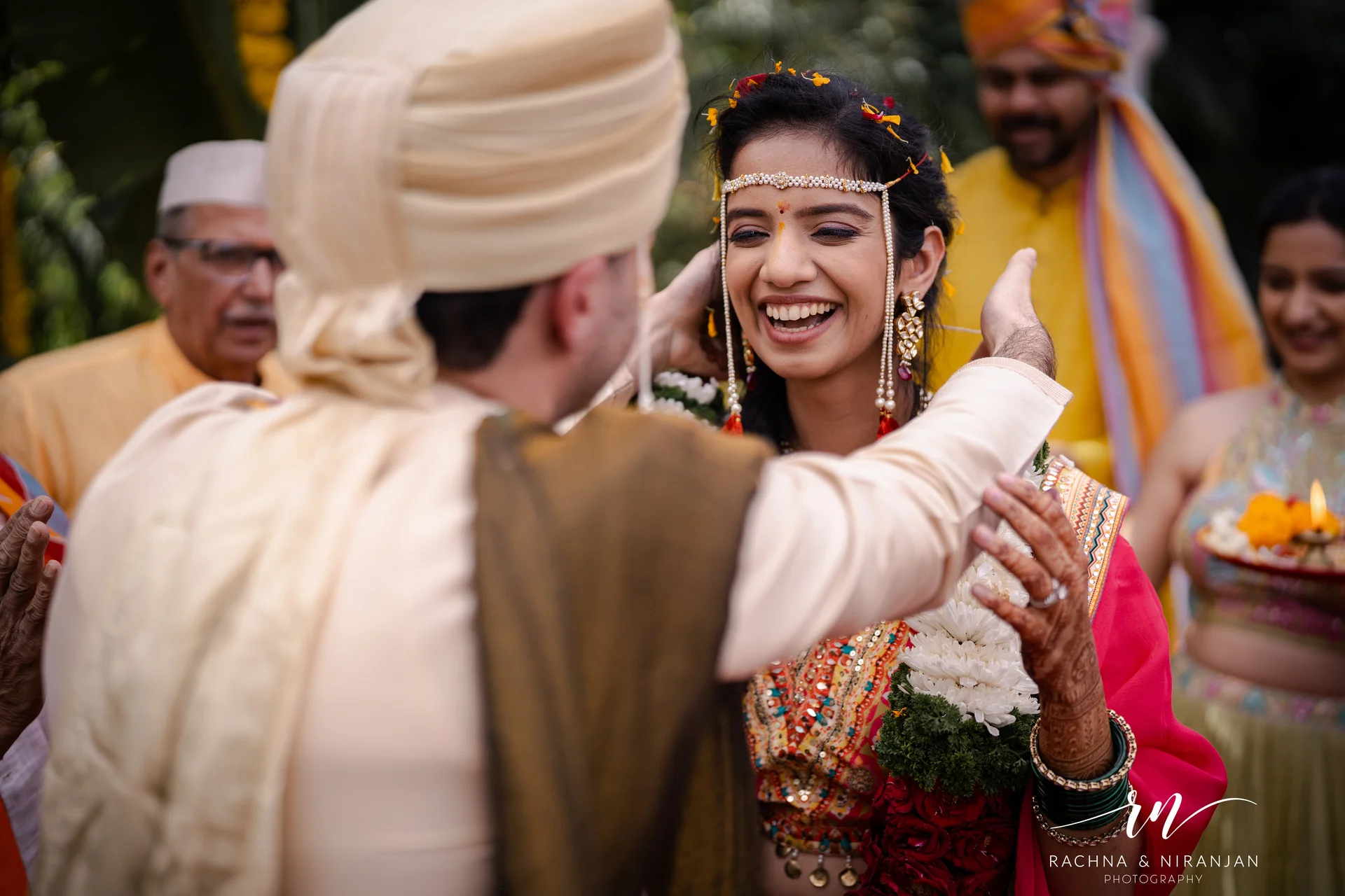 Romantic couple portrait at farmhouse wedding in Panshet